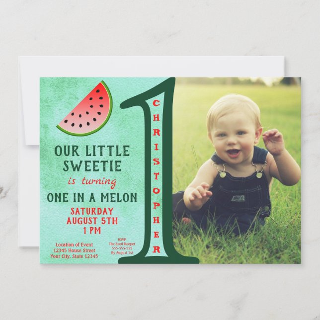Invitación Foto De Primer Cumpleaños De Boy Green In A Melon (Anverso)