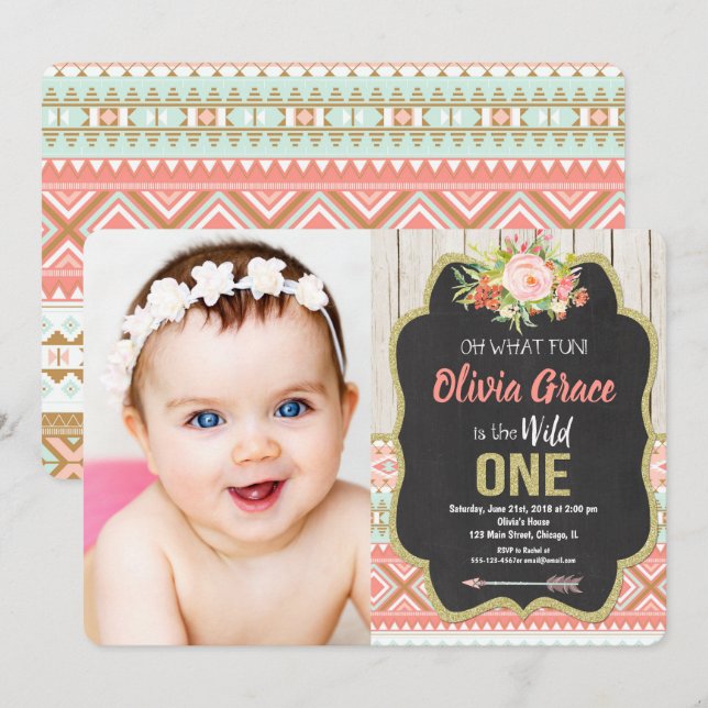 Invitación Foto de primer cumpleaños de Chalkboard wild one c (Anverso / Reverso)