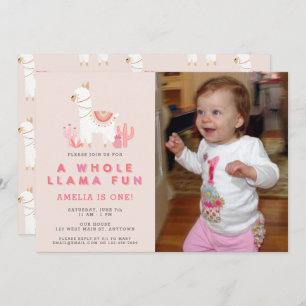 Invitación Foto de primer cumpleaños de Cute Full Llama Fun P