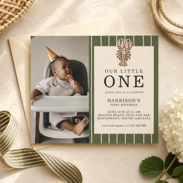 Invitación Foto de primer cumpleaños de langosta costera eleg (Preppy Coastal Lobster First Birthday Photo Invitation)