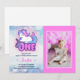 Invitación Foto de primer cumpleaños de Magic Pink Purple Uni
