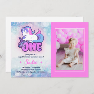 Invitación Foto de primer cumpleaños de Magic Pink Purple Uni