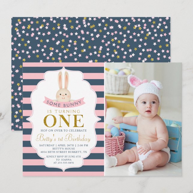 Invitación Foto de primer cumpleaños de Navy Blue & Pink Gold (Anverso / Reverso)