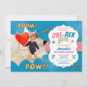 Invitación Foto de primer cumpleaños de Oneder Girl azul y ro