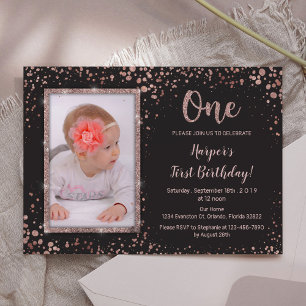 Invitación Foto de primer cumpleaños de oro negro Rosa