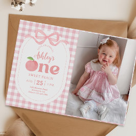 Invitación Foto De Primer Cumpleaños De Pink Gingham Peach