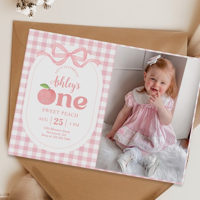 Invitación Foto De Primer Cumpleaños De Pink Gingham Peach (Subido por el creador)