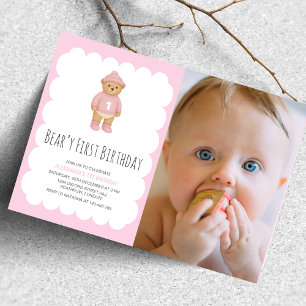 Invitación Foto de primer cumpleaños de Pink Preppy Bear Bear
