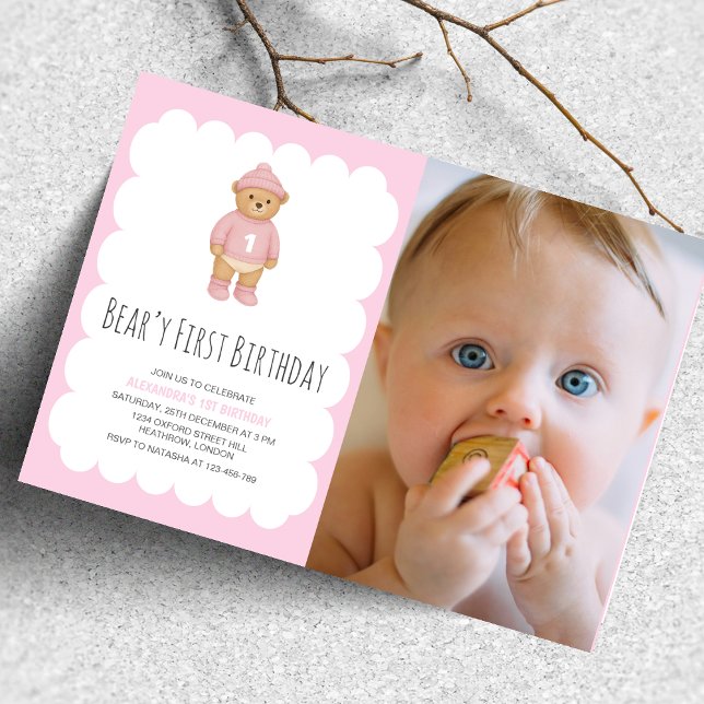 Invitación Foto de primer cumpleaños de Pink Preppy Bear Bear (Subido por el creador)