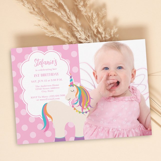Invitación Foto de primer cumpleaños de Pink Rainbow Unicorn  (Subido por el creador)