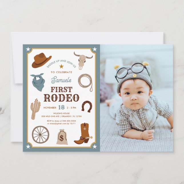 Invitación Foto de primer cumpleaños de Rodeo Wild West (Anverso)