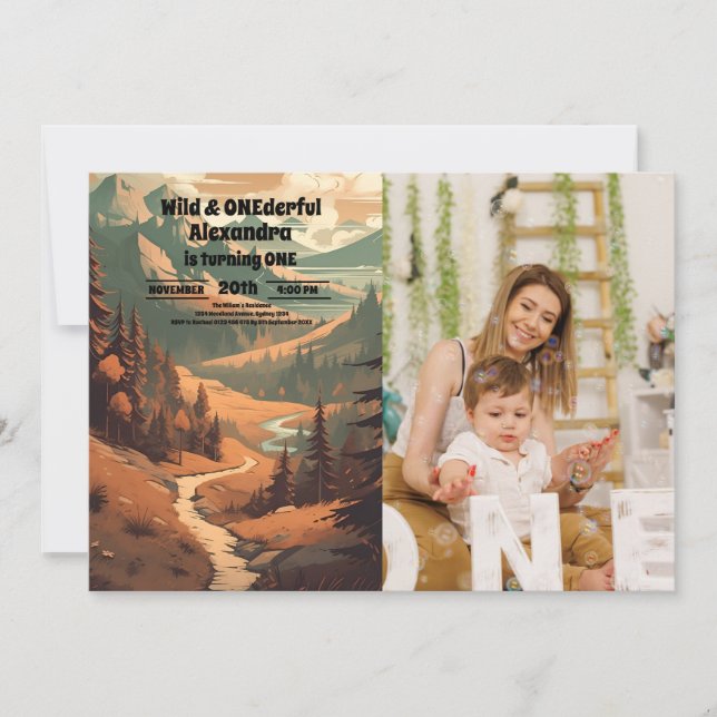 Invitación Foto de primer cumpleaños de Rustic Mountain Fores (Anverso)