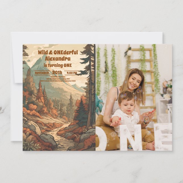 Invitación Foto de primer cumpleaños de Rustic Mountain Fores (Anverso)