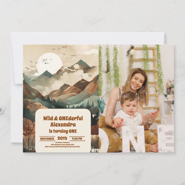 Invitación Foto de primer cumpleaños de Rustic Mountain Fores (Anverso)