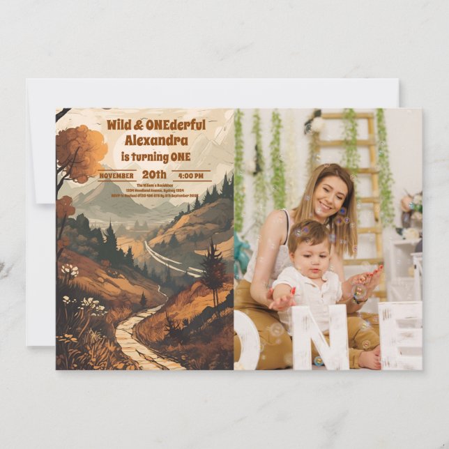 Invitación Foto de primer cumpleaños de Rustic Mountain Fores (Anverso)