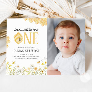Invitación Foto de primer cumpleaños de Sweet to to Bee One B