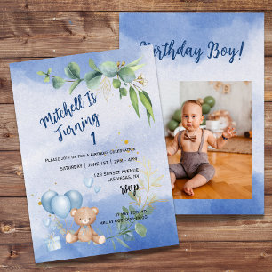 Invitación Foto de primer cumpleaños de Teddy Bear Balloon Eu