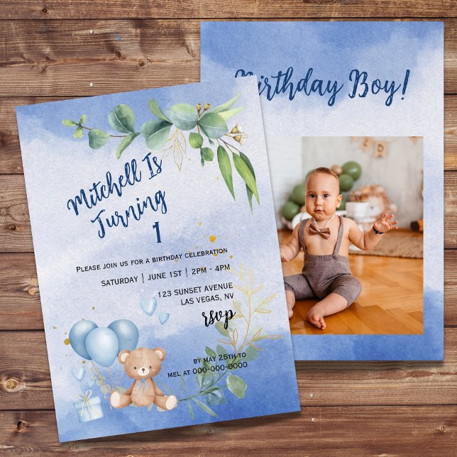Invitación Foto de primer cumpleaños de Teddy Bear Balloon Eu (Subido por el creador)