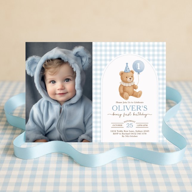 Invitación Foto de primer cumpleaños de Teddy Bear Blue Ballo (Subido por el creador)