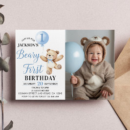 Invitación Foto de primer cumpleaños de Teddy Bear Blue Ballo
