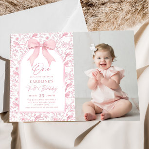 Invitación Foto de primer cumpleaños de Toile Pink Bow Floral
