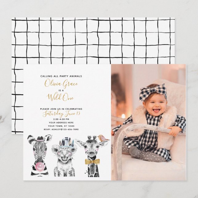 Invitación Foto de primer cumpleaños de un bebé salvaje de Sa (Anverso / Reverso)