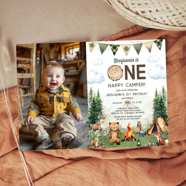 Invitación Foto de primer cumpleaños de un Camper feliz (One Happy Camper 1st Birthday Photo Invitation
)