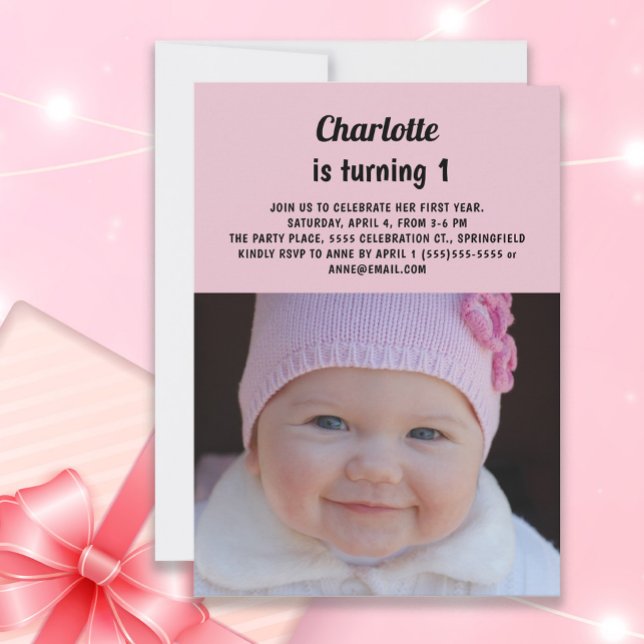 Invitación Foto de primer cumpleaños de una niña pequeña de c (Pink photo invitation for baby girl's 1st birthday party)
