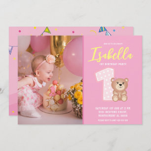 Invitación Foto de primer cumpleaños de una niña rosa simple
