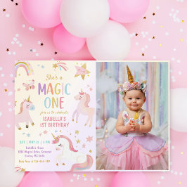 Invitación Foto de primer cumpleaños de Unicorn Pastel Rainbo