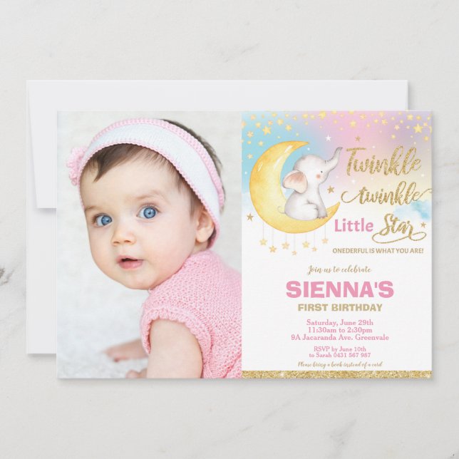 Invitación Foto de primer cumpleaños del elefante de estrella (Anverso)