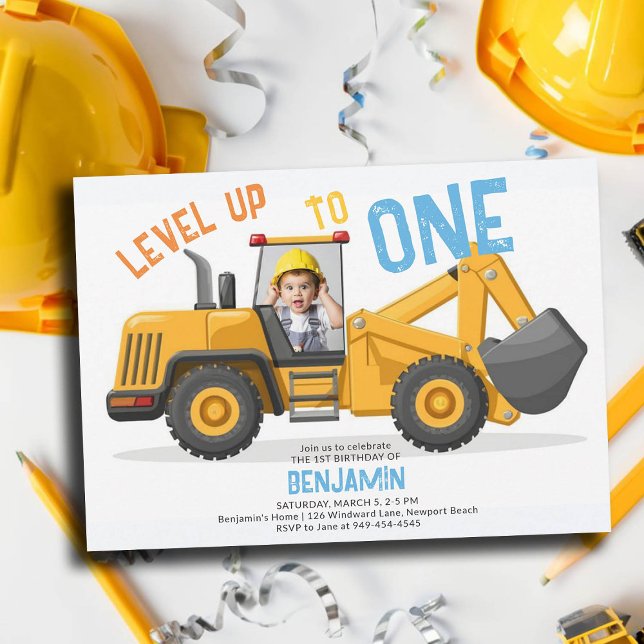 Invitación Foto de primer cumpleaños del nivel del bulldozer  (photo construction invitation 1st birthday first boys bulldozer vehicle theme personalized)