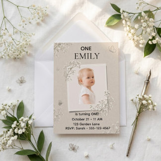 Invitación Foto de primer cumpleaños en beige de Aliento de B