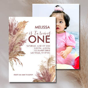 Invitación Foto De Primer Cumpleaños Pampas Elegance Mauve Pi