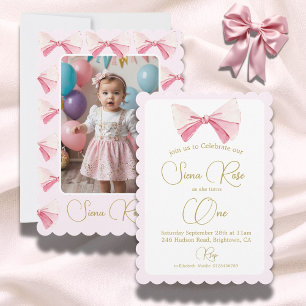 Invitación Foto de primer cumpleaños Pintura al agua Lazo Ros