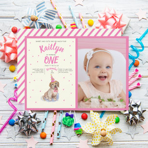 Invitación Foto De Primer Cumpleaños Rosa De Cachorro 🐶 Labr