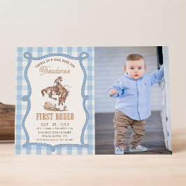 Invitación Foto de primer rodeo de cuadros azules vintage