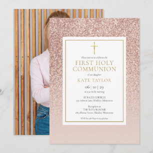 Invitación Foto de Primera Comunión con brillo en Rosa Dorado