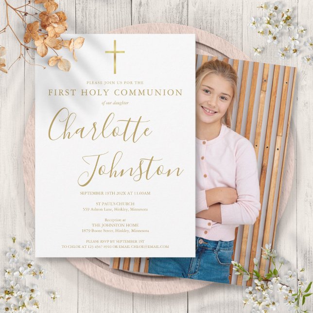Invitación Foto de Primera Comunión con firma dorada moderna (Modern Golden Signature First Holy Communion Photo Invitation)