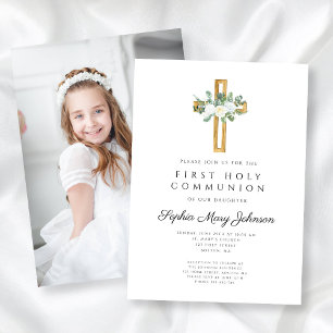 Invitación Foto de Primera Comunión de niña con cruz floral b