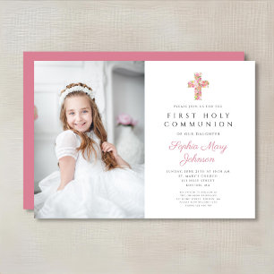 Invitación Foto de Primera Comunión de Niña con Cruz Floral R