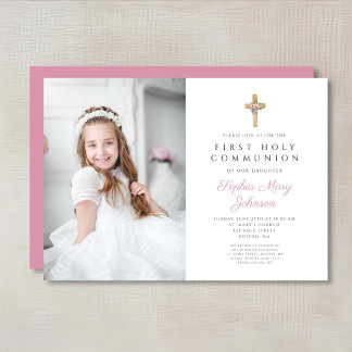 Invitación Foto de Primera Comunión de Niña con Cruz Floral R