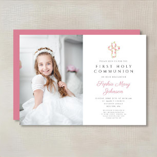 Invitación Foto de Primera Comunión de Niña con Cruz Floral R