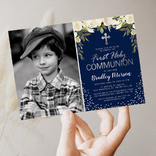 Invitación Foto de Primera Comunión de Niño Floral Plateado A