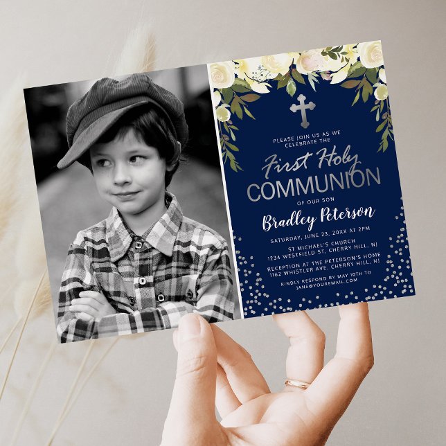 Invitación Foto de Primera Comunión de Niño Floral Plateado A (Subido por el creador)