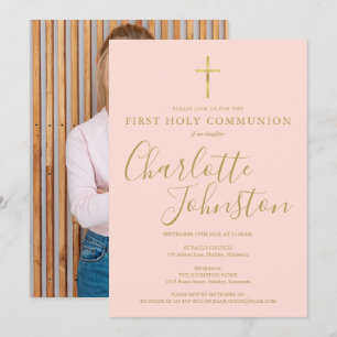 Invitación Foto de Primera Comunión en Rosa Sonrosado con Let