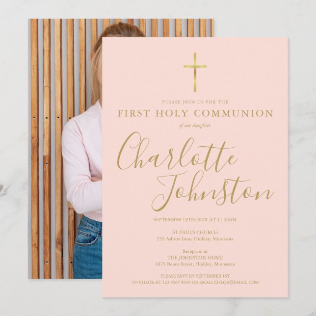 Invitación Foto de Primera Comunión en Rosa Sonrosado con Let (Anverso / Reverso)