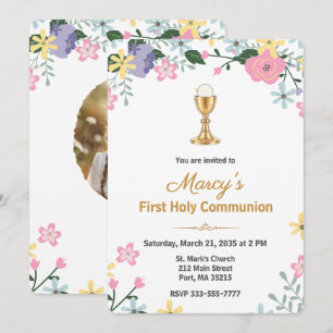 Invitación Foto de Primera Comunión floral elegante