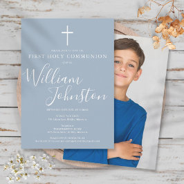 Invitación Foto de Primera Comunión Moderna en Azul Polvorien