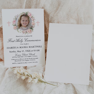Invitación Foto de Primera Comunión Rosa Floral Rosa